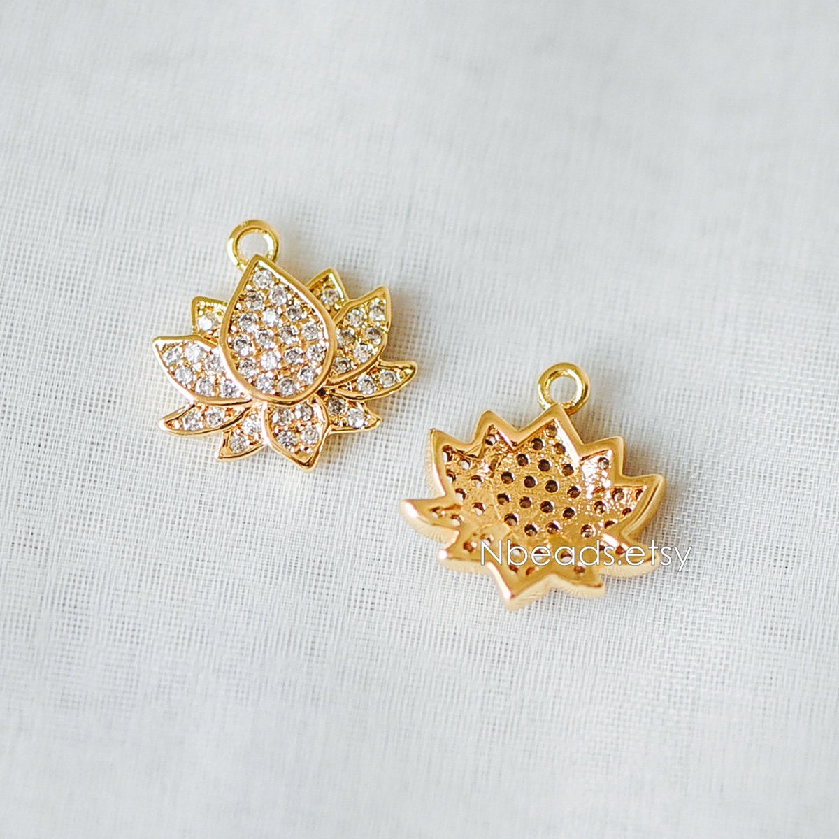 4pcs CZ Paved Gold Lotus Charm Pendants 13mm Real Gold Plated Etsy