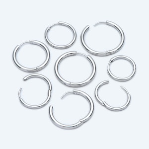 10pcs Gold/ Silver Tone Huggie Hoop Earrings, 2mm thick, 16/ 18/ 20mm, Stainless Steel Huggies, Minimalist Hoop Earrings GB-2209 silver (rhodium)