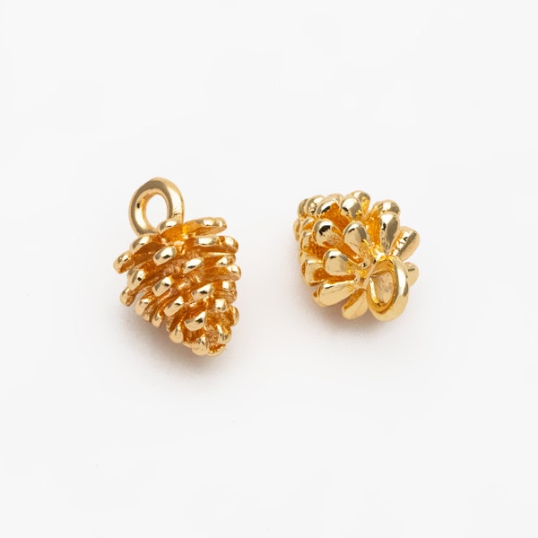 10pcs Gold Pine Cone 3D Charms 12x8mm, Real Gold plated Brass, Lead Nickel Free (GB-190)