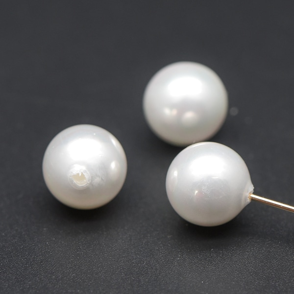 10pcs perles de coquille rondes lisses blanches avec revêtement de couleur perle, demi-trou percé, 4/5/6/8/10/12mm- (V1337)