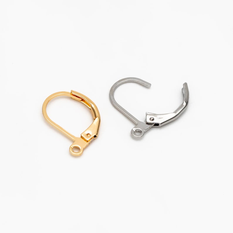 May include: Two earring hooks, one gold and one silver, are shown against a white background. The hooks are made of metal and have a spring-loaded clasp.