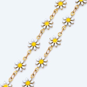 Enamel Flower Chain, Daisy Chain, Unplated Raw Brass Designer Chain 6mm, Floral Link Chain Findings, White  (#LK-461-1)/ 1 Meter=3.3ft