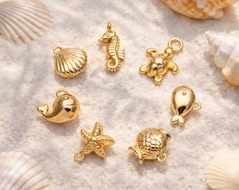 10 dijes de animales marinos pequeños en oro/plata, dijes de latón chapado en oro/rodio con temática oceánica, dijes para pendientes, venta al por mayor de suministros para manualidades (GB-3778)