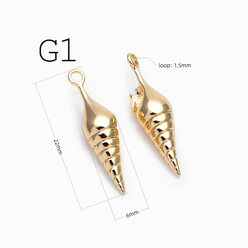 May include: Two gold-colored metal shell charms labeled G1. Each charm features a spiral cone shape with a top loop measuring 1.5mm. The total length of the charm is 22mm and the width is 6mm, as indicated by the technical lines.