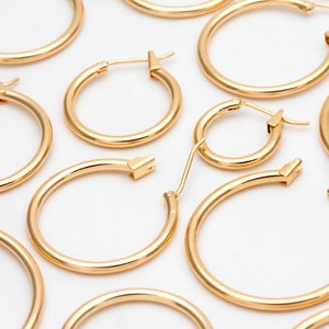 10pcs Gold Hoop Earrings, 2mm Thick, Size 15/20/25/30/35mm, 18K gold plated on Brass, Classic Hoop Earrings (GB-3270)