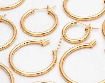 10pcs Gold Hoop Earrings, 2mm Thick, Size 15/20/25/30/35mm, 18K gold plated on Brass, Classic Hoop Earrings (GB-3270)