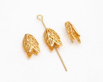 10pcs Gold Flower Bead Caps 16mm, Gold plated Brass Tulip Tassel Caps, Lead Nickel Free (GB-110)