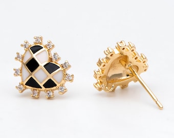 4pcs CZ Pave Gold Enamel Heart Earring with Loop, Gold plated Brass, Geometric Stud Earrings (GB-2976)