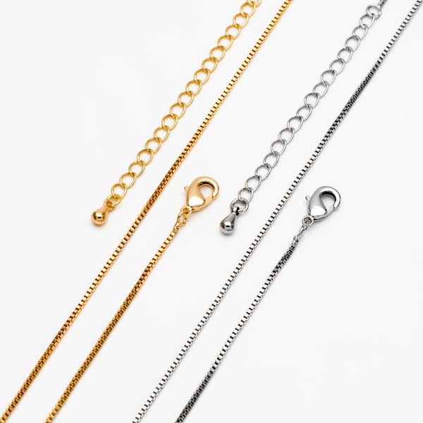 1pc Gold/ Rhodium plated Brass Box Chains 1.1mm, Finished Dainty Necklace with Extender Chain, 18-20 inch Ready to Wear (#LK-313)