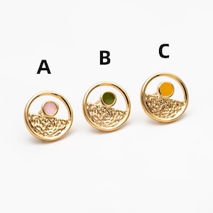 4pcs Gold Enamel Round Earrings 13mm, 18K Gold plated Brass, Geometric Stud Earrings (GB-4399)