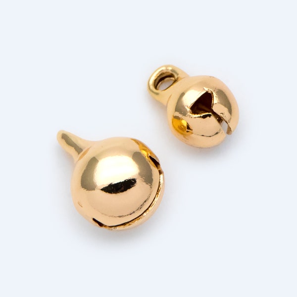 10pcs Gold Jingle Bell Charms, 6/8mm,Real Gold plated Brass, Round Cat Bell Charms Can Ring (GB-192)