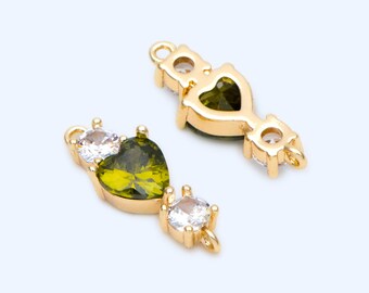 10pcs CZ pave Olive Green Heart Connectors 15x5.5mm, Gold Plated Brass Heart Charm Pendants (GB-1237-2)