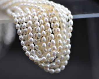 5-5.5mm Freshwater Oval Pearls, Natural White Rice Pearls, Loose Pearl Beads Wholesale - (PL02-20)/ 15" Full strand