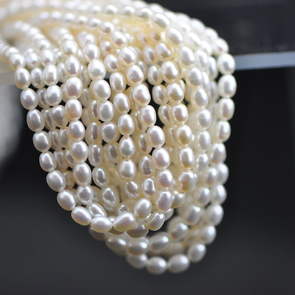 5-5.5mm Freshwater Oval Pearls, Natural White Rice Pearls, Loose Pearl Beads Wholesale - (PL02-20)/ 15" Full strand