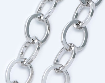 Srebrne, duże łańcuszki kablowe, ogniwa owalne 13 x 16 mm, gruby łańcuch z białego żelaza platerowanego K, elementy naszyjnika dla mężczyzn (#LK-370-2) / 1 metr = 3,3 stopy