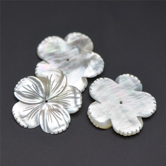 10pcs White Mother of Pearl Shell Flowers 27mm, Large MOP Carved