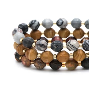 8x8,5 mm Matte Black Network Jasper, Wood Grain Jasper, Picasso Jasper, Contas de pedras preciosas de prisma facetado, fios completos de 14,5 polegadas (TR-045)