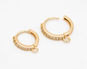 4pcs CZ Pave Hoop Earrings, 10/12/14mm, Gold plated Brass, Dainty Huggie Earrings with Loop (GB-3515)