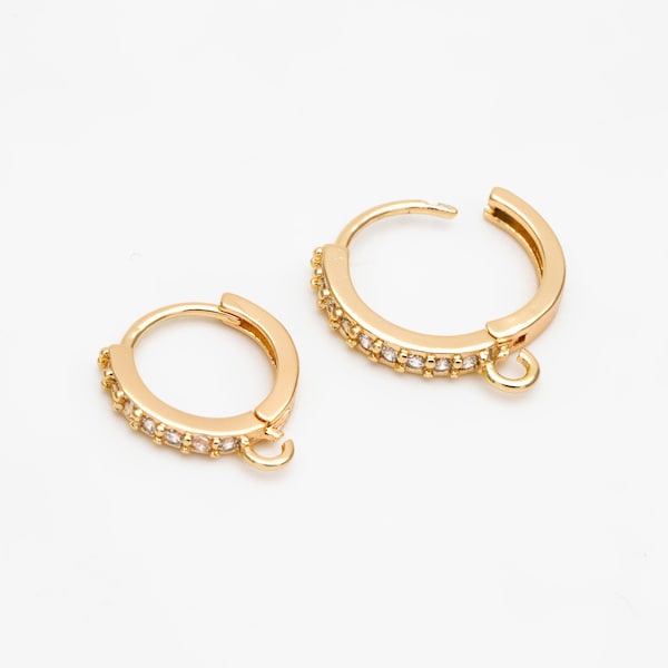 4pcs CZ Pave Hoop Earrings, 10/12/14mm, Gold plated Brass, Dainty Huggie Earrings with Loop (GB-3515)