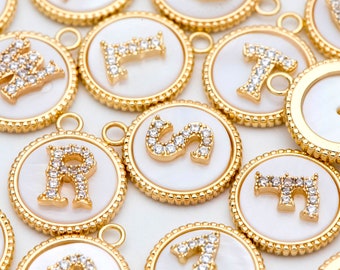 Gold Alphabet Charms,  CZ Pave English Letter, Shell Disc Coin Initial Pendants, You Choose Letter (GB-1635)