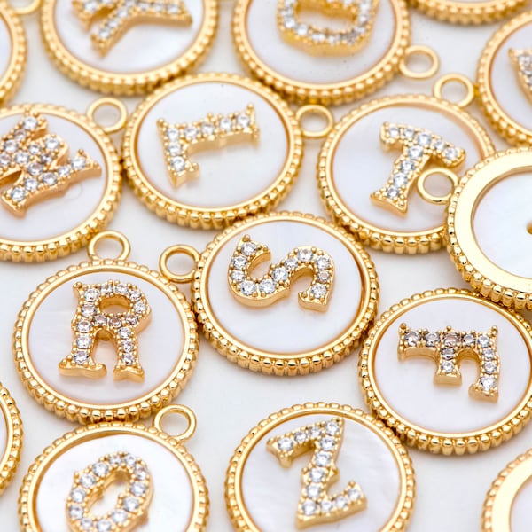 Gold Alphabet Charms,  CZ Pave English Letter, Shell Disc Coin Initial Pendants, You Choose Letter (GB-1635)