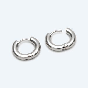 May include: A pair of silver hoop earrings with a hinged closure.
