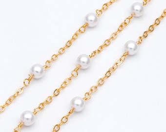 Gold Faux Pearl Beaded Chain, 18K Gold plated Brass Cable Chain with 5.3mm Faux Pearl  (LK-509) / 1 meter= 3.3ft