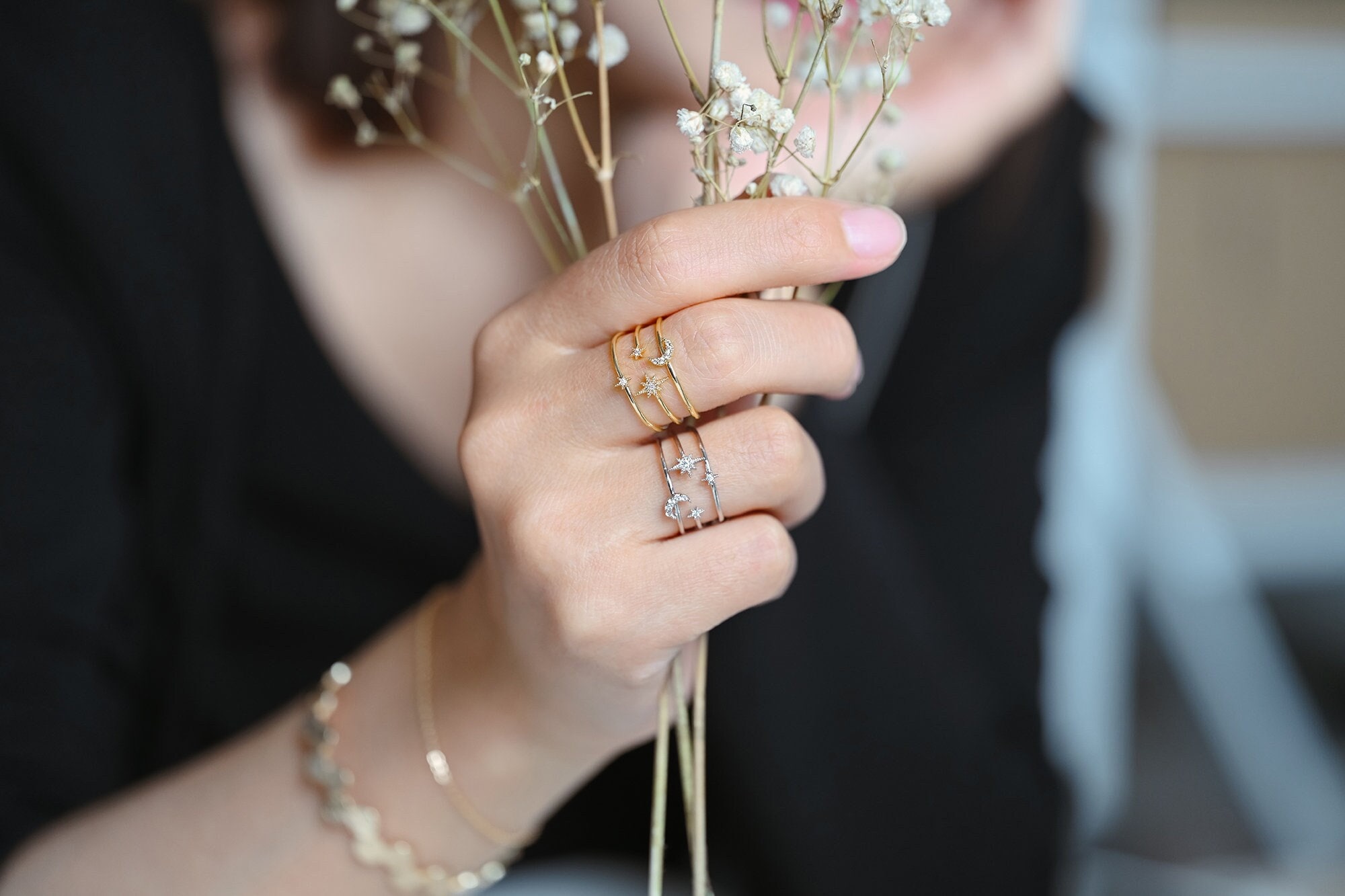 4pcs CZ Pave Triple Band Moon and Star Ring, Celestial Ring