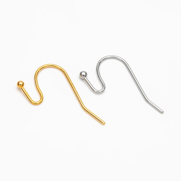 Gold/ Silver Earring Hooks, Real Gold/ Rhodium Plated Brass, Simple Earwires with Ball End 21mm (GB-025)/ 20pcs =10 pairs