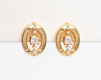 4pcs CZ Pave Gold Oval Earrings, Gold Plated Brass, Dainty Geometric Stud Earrings (#GB-4251)