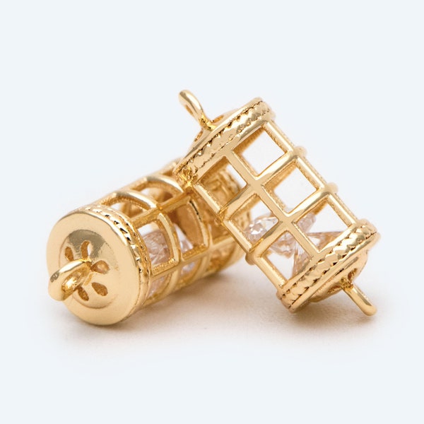 4pcs Gold Birdcage Charms with CZ Diamond Inside, 18K Gold plated Brass, 3D Cage Pendants 16x7mm  (GB-2380)