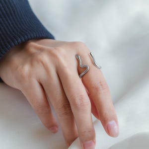 May include: A silver snake-shaped ring on a finger. The ring is made of two pieces of metal that are joined together in the shape of a snake.