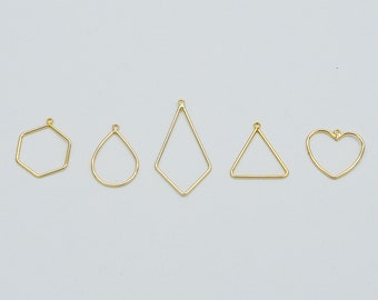 10pcs Gold Geometric Charms, 18K Gold plated Brass Link Pendants, Hexagon Teardrop Square Triangle Heart (GB-368)