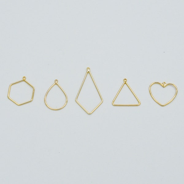 10pcs Gold Geometric Charms, 18K Gold plated Brass Link Pendants, Hexagon Teardrop Square Triangle Heart (GB-368)