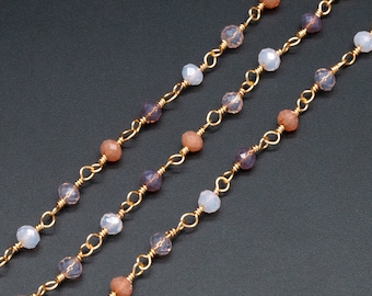 Glass Rondelle Bead Chain 3.5mm, 18K Gold plated on Brass Beaded Chains, Multi Colors Crystal (#LK-599)/ 1 Meter=3.3ft