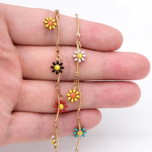 Vintage Stil Emaille Gänseblümchen Kette, Unplattiertes Messing Designer Kette 6 mm, Regenbogen Emaille Blumen (#LK-478-2) / 1 Meter