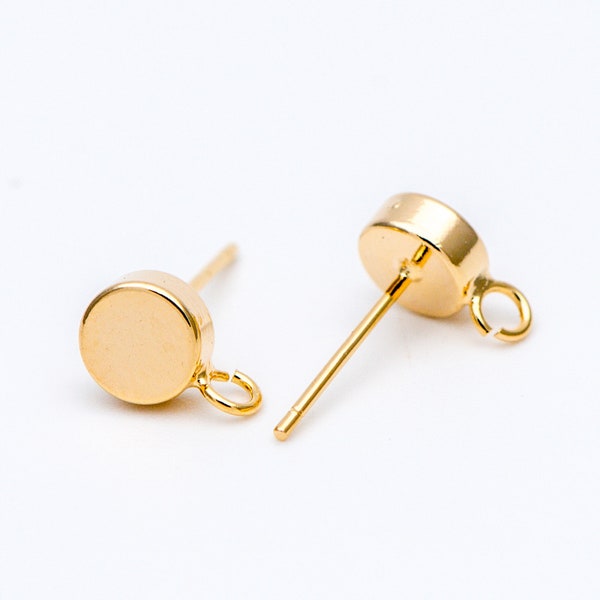 10pcs Gold / Rhodium plated Brass Coin Stud Earring, Round Coin Ear Post with Loop (GB-656)