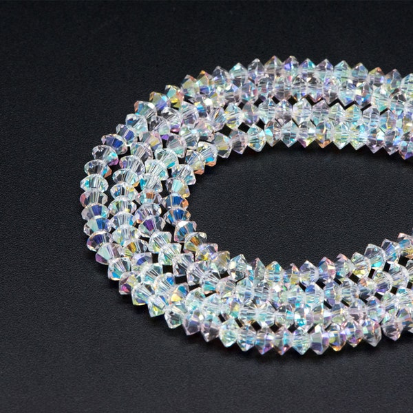 195pcs Faceted Crystal Bicone Beads 4x2mm, Sparkly Glass Beads, Clear AB  (TS-123)