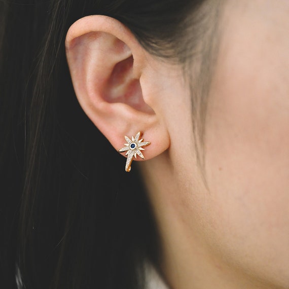 4pcs CZ Pave North Star Ear Posts With Loops,25x11mm, Real Gold