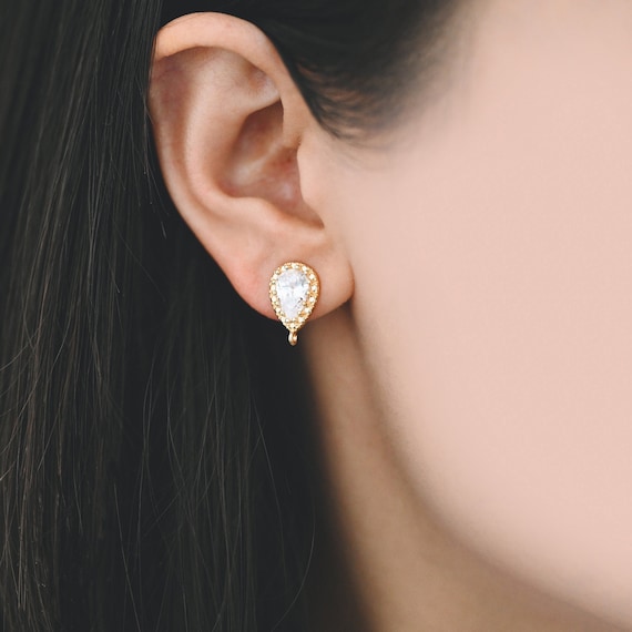 10pcs Gold/ Silver tone Teardrop Stud Earrings with Loop, CZ Pave Ear Posts 15x9mm, Gold/ Rhodium plated Brass Earring Findings  (#GB-962)
