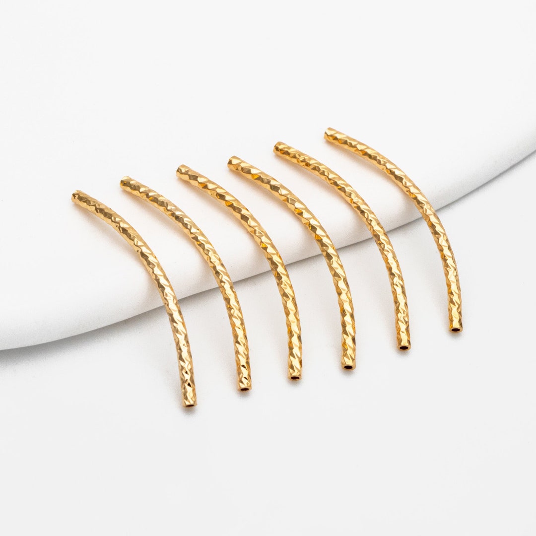 20pcs Gold Curved Tube Beads 30mm by 1.5mm, 18K Real Gold Plated Brass