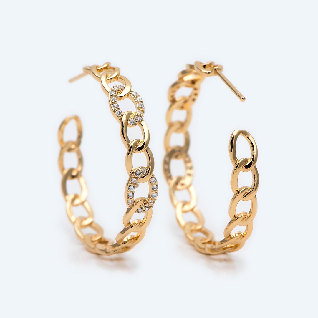 4pcs CZ Pave Chunky Gold Hoops, Chain Hoops, Chain Hoop Earrings, Hoop