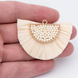 4pcs Fan Tassel Pendants 44x34mm, Beaded Raffia Tassel Charms for EarringsCream FB-017-8 image 3