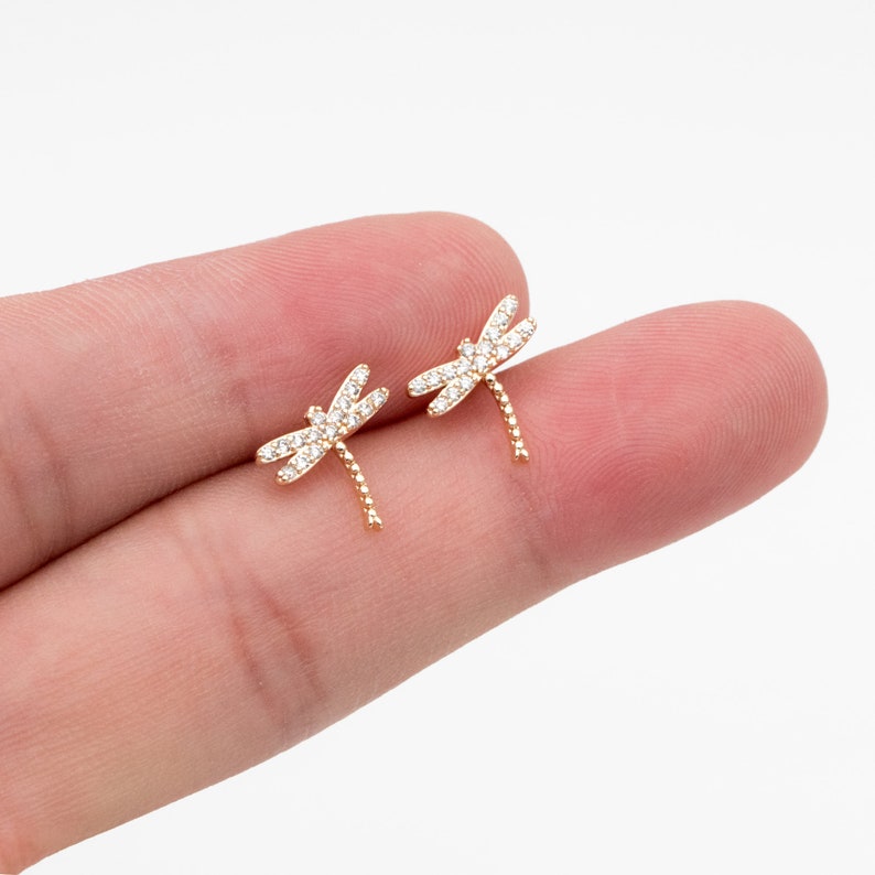 4pcs CZ Pave Gold/ Silver Dragonfly Earring, Dianty Dragonfly Ear Studs, Jewelry Supplies GB-3892 image 7