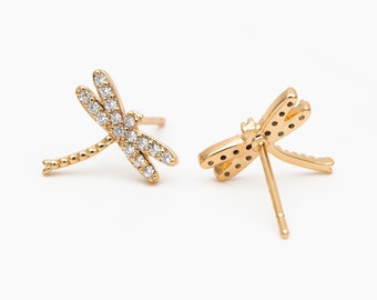 4pcs CZ Pave Gold/ Silver Dragonfly Earring, Dianty Dragonfly Ear Studs, Jewelry Supplies (GB-3892)