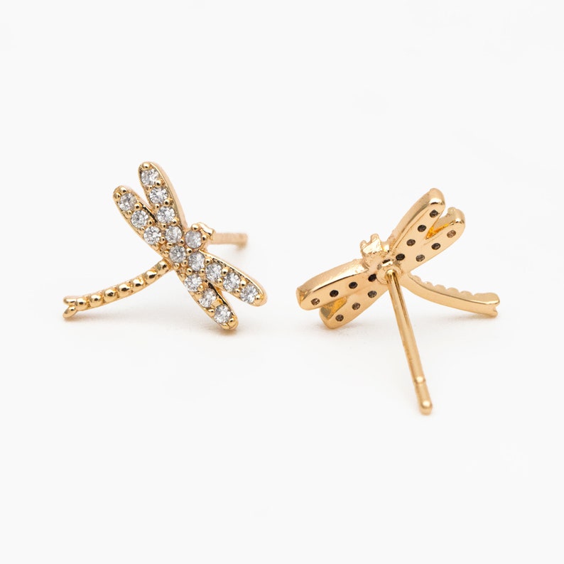 4pcs CZ Pave Gold/ Silver Dragonfly Earring, Dianty Dragonfly Ear Studs, Jewelry Supplies GB-3892 Gold