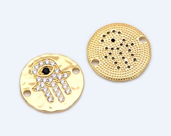4pcs CZ Pave Fatima Hand Charms 18mm, Gold Coin Hamsa Hand Pendants, Disc Evil Eye Connectors (GB-1565)