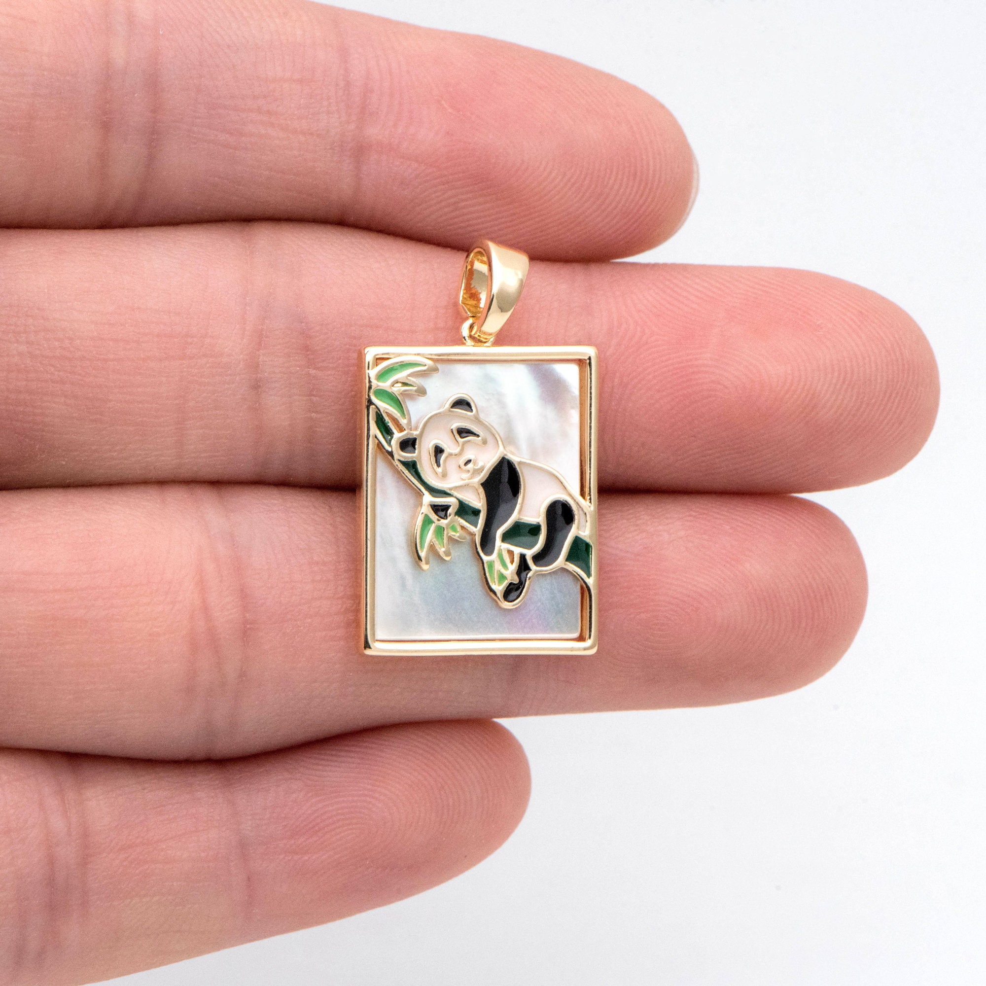 4pcs Shell Pave Enamel Panda Charms, Animal Charm, Rectangle