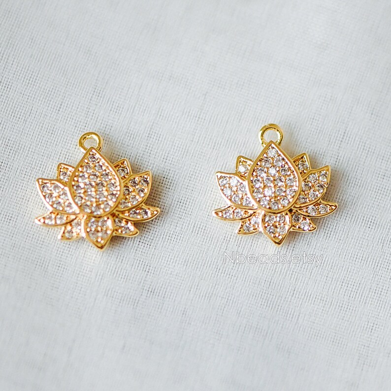 4pcs CZ Paved Gold Lotus Charm Pendants 13mm Real Gold Plated Etsy
