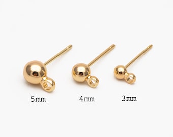 20pcs Gold plated Brass Stud Earring, Ball Ear Posts with Ring/ Loop, 3/ 4/ 5/ 8mm Ball Size (GB-136)